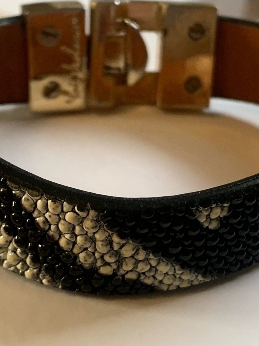 Black and White Textured Stingray Leather Bracelet - Women Accessories.